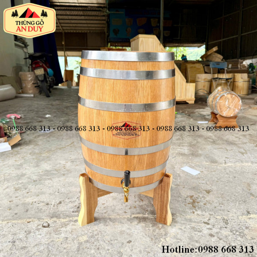 Thùng Gỗ Sồi 50L Dáng Đứng Vòi Crom