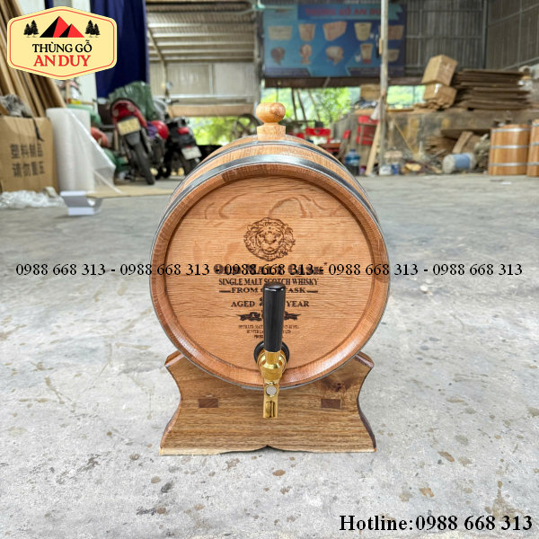 Thông số kích thước chuẩn của thùng gỗ sồi 10L kèm chân đế và vòi inox.