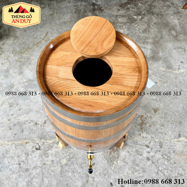 Thùng gỗ sồi 50l dáng đứng thiết kế miệng to 15cm chuyên dùng ngâm hoa quả.